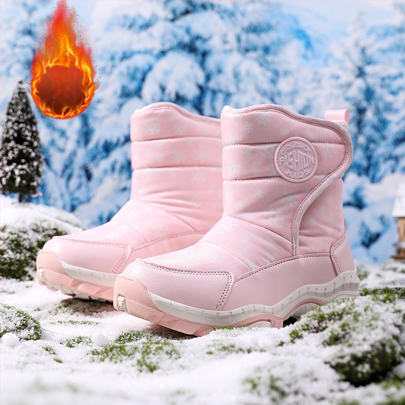 Bērnu sniega zābaki 2024. gada ziemas jauni silti ar vilnas oderi biezi kokvilnas zābaki meiteņu pretslīdes siksniņas tērauda spīles aukstumizturīgi kokvilnas apavi