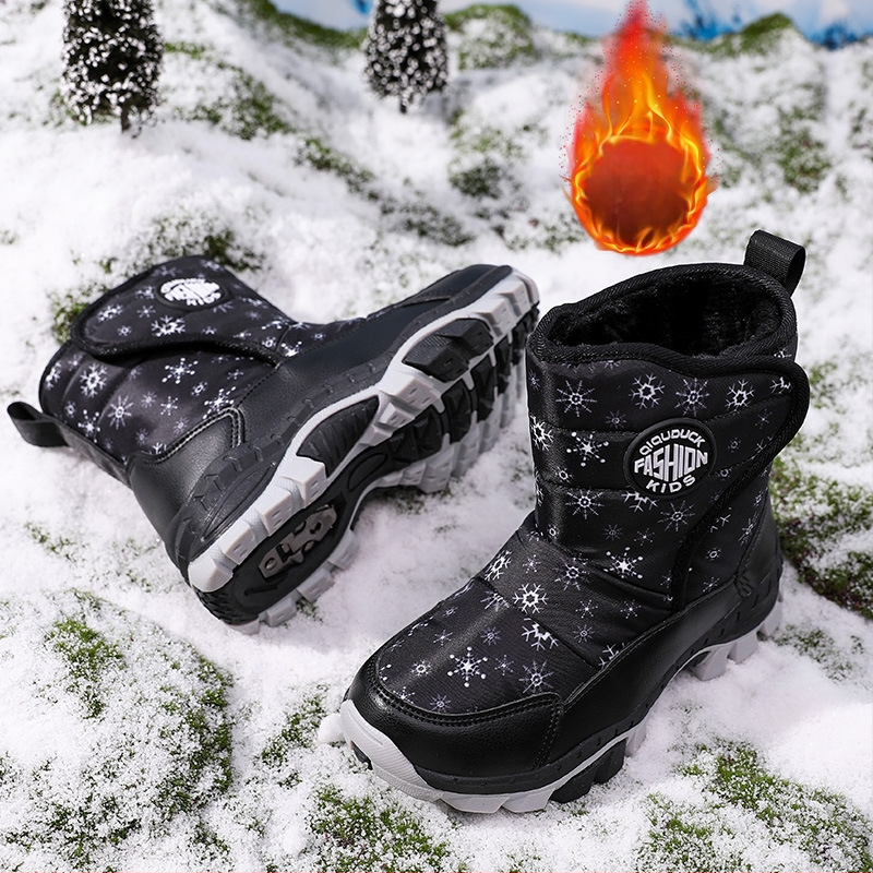 Bērnu sniega zābaki 2024. gada ziemas jauni silti ar vilnas oderi biezi kokvilnas zābaki meiteņu pretslīdes siksniņas tērauda spīles aukstumizturīgi kokvilnas apavi