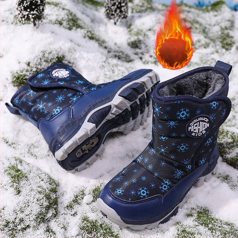 Bērnu sniega zābaki 2024. gada ziemas jauni silti ar vilnas oderi biezi kokvilnas zābaki meiteņu pretslīdes siksniņas tērauda spīles aukstumizturīgi kokvilnas apavi