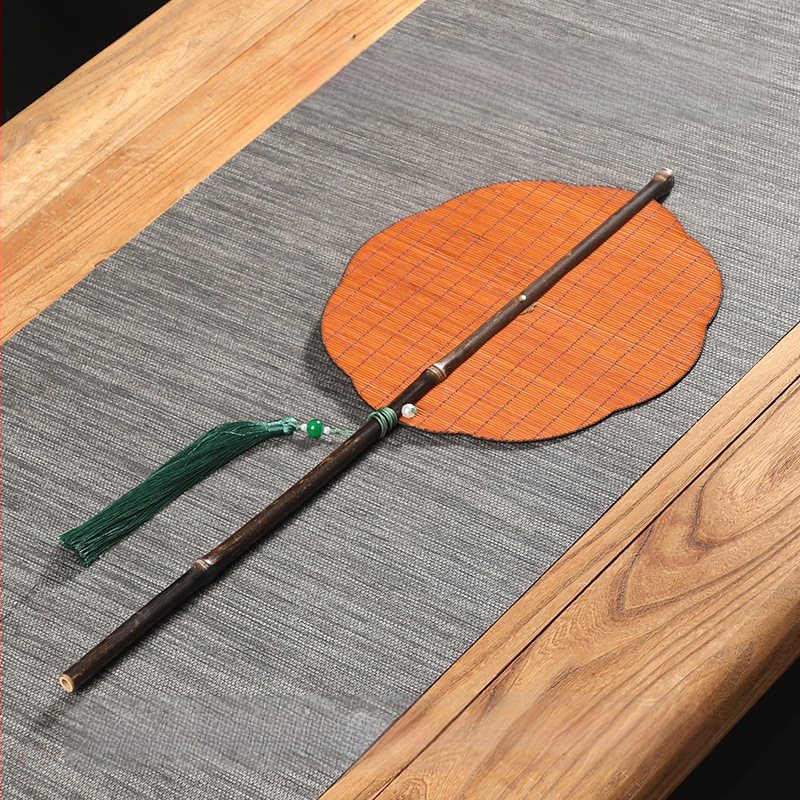 Ръчно изработен бамбуков ветрилообразен вентилатор от бамбук, копринен, китайски стил, бамбуков кръгъл вентилатор, въртящ се сгъваем преносим кръгъл вентилатор, вентилатор от Пу...