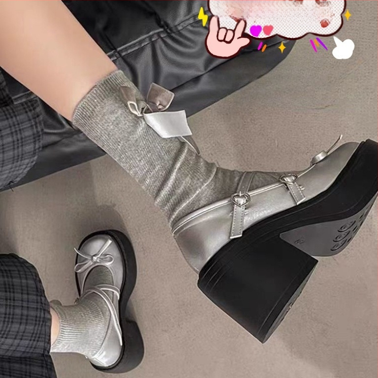 Juodi storakulniai platforminiai Mary Jane bateliai moterims 2024 m. nauji koledžo stiliaus aukštakulniai JK maži odiniai bateliai