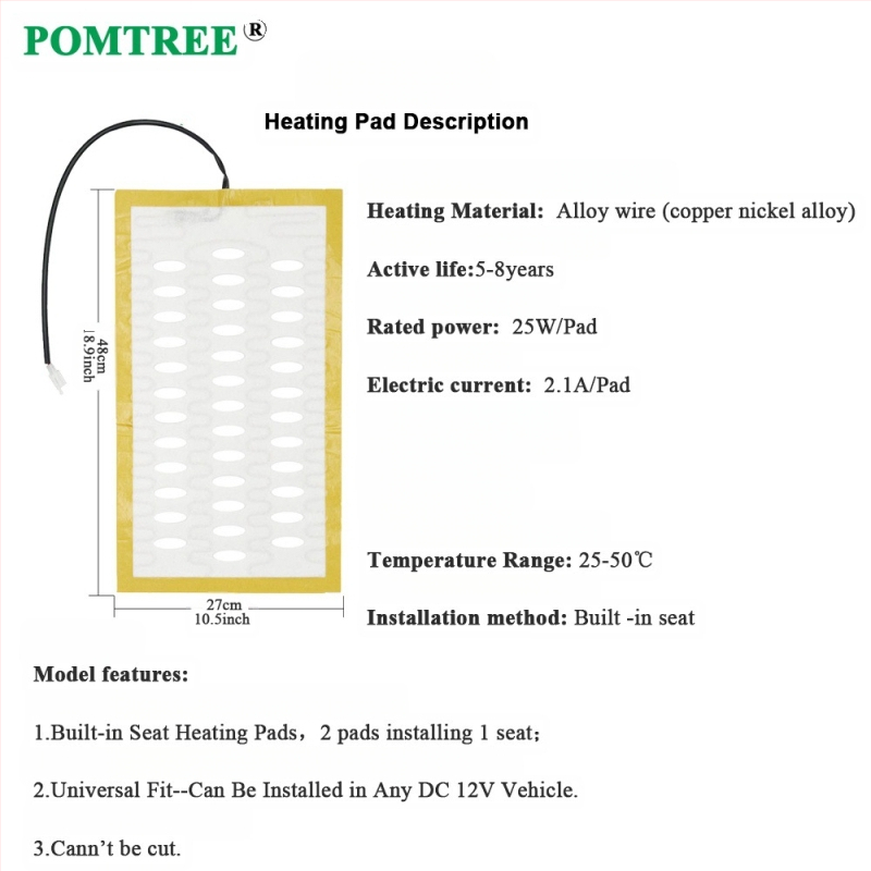 Neutralaus modelio automobilio sėdynės šildytuvas su 12 V mini trijų greičių atminties jungikliu, 25 W lydinio vielos šildymo kilimėliu