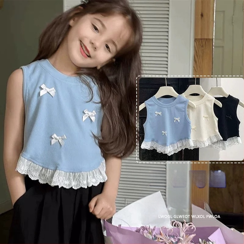 2025 Novi stil djevojačkog prsluka, gornja odjeća, ljetni stil, plava čipkasta ljetna haljina s mašnom, dječji top bez rukava za žene