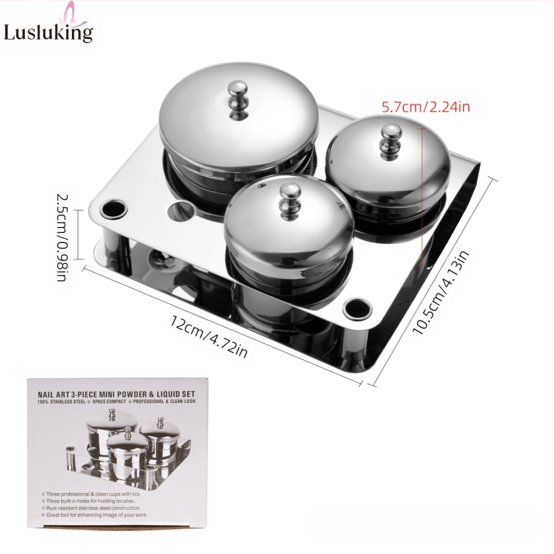 Комплект от 3 части от неръждаема стомана за дизайн на нокти, кристална чаша за течна пудра с капак, дезинфекцираща подопаковка, контейнер за дезинфекцираща чаша
