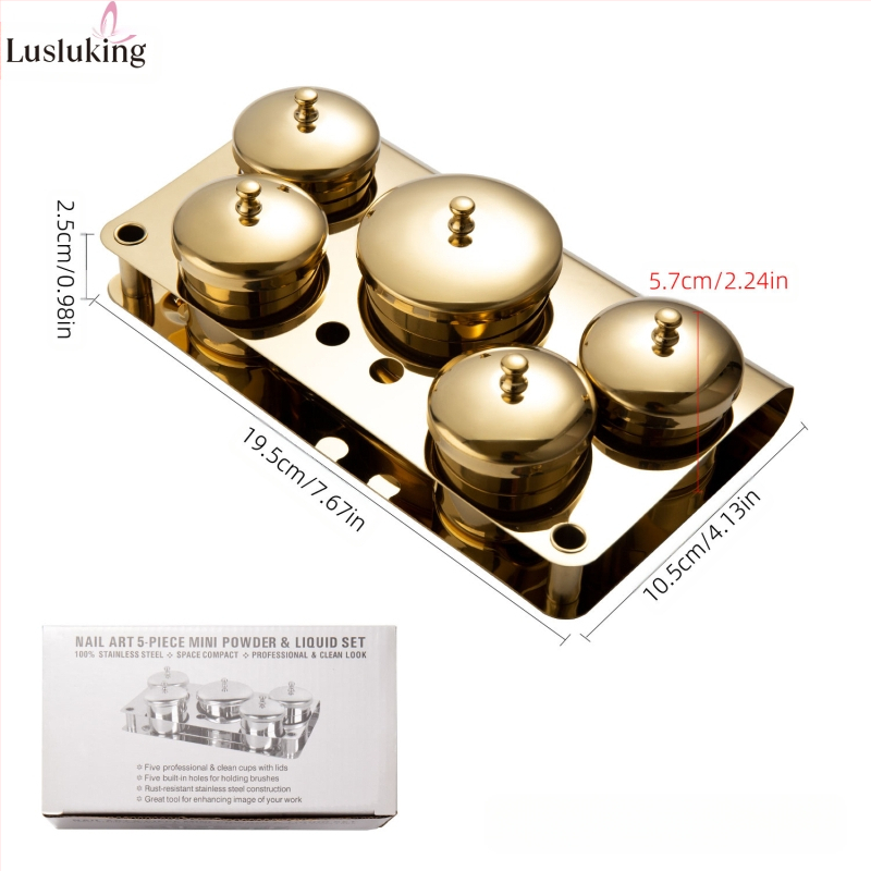 Комплект от 3 части от неръждаема стомана за дизайн на нокти, кристална чаша за течна пудра с капак, дезинфекцираща подопаковка, контейнер за дезинфекцираща чаша