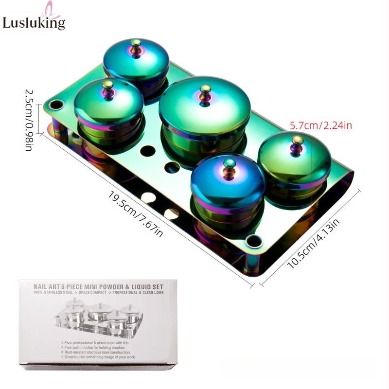 Комплект от 3 части от неръждаема стомана за дизайн на нокти, кристална чаша за течна пудра с капак, дезинфекцираща подопаковка, контейнер за дезинфекцираща чаша