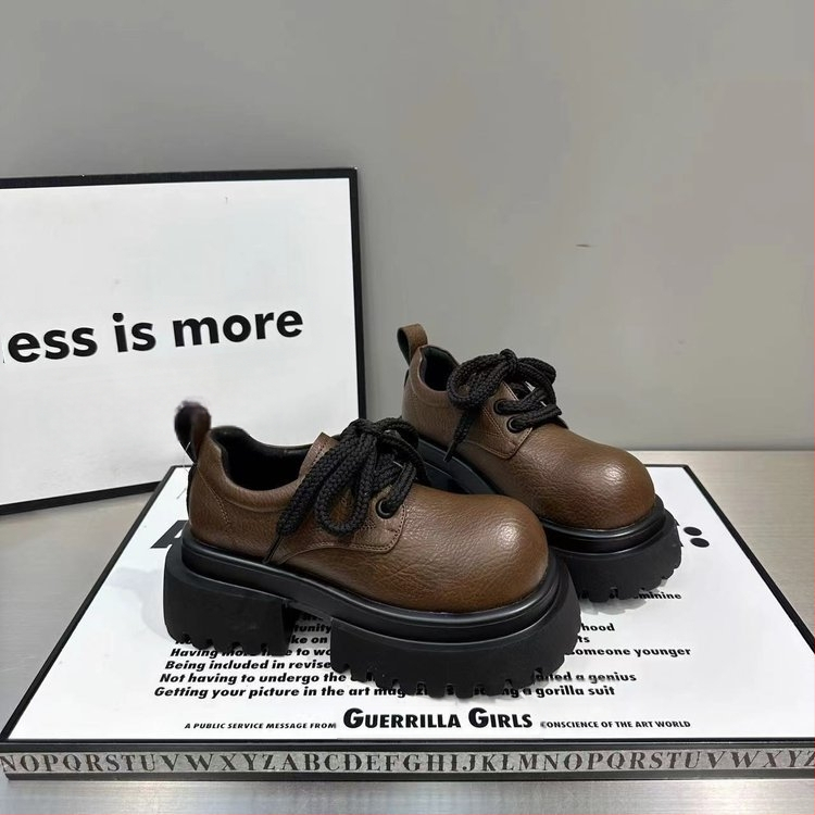 Бели малки кожени обувки с връзки за жени, пролет и лято 2025, нови, универсални, ретро британски стил, дебели подметки, дебели токчета с поли за жени