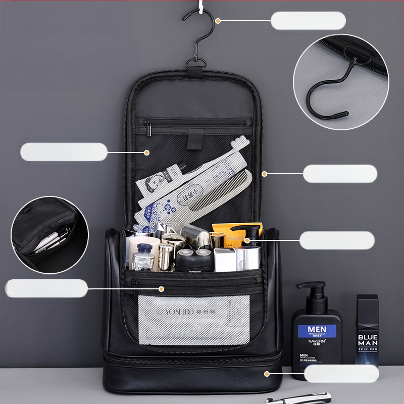Naujas daugiafunkcis didelės talpos dvisluoksnis pakabinamas PU vyriškas prausimosi krepšys kelioniniam nešiojamam kosmetikos laikymo krepšiui