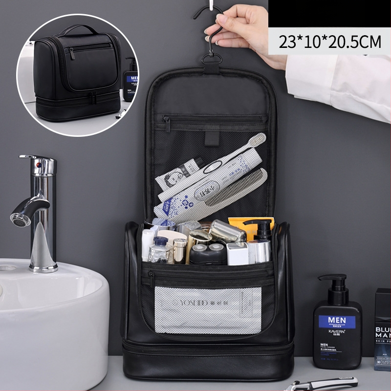 Naujas daugiafunkcis didelės talpos dvisluoksnis pakabinamas PU vyriškas prausimosi krepšys kelioniniam nešiojamam kosmetikos laikymo krepšiui