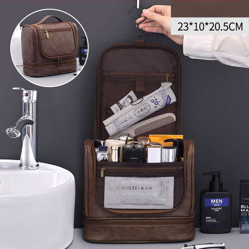 Naujas daugiafunkcis didelės talpos dvisluoksnis pakabinamas PU vyriškas prausimosi krepšys kelioniniam nešiojamam kosmetikos laikymo krepšiui