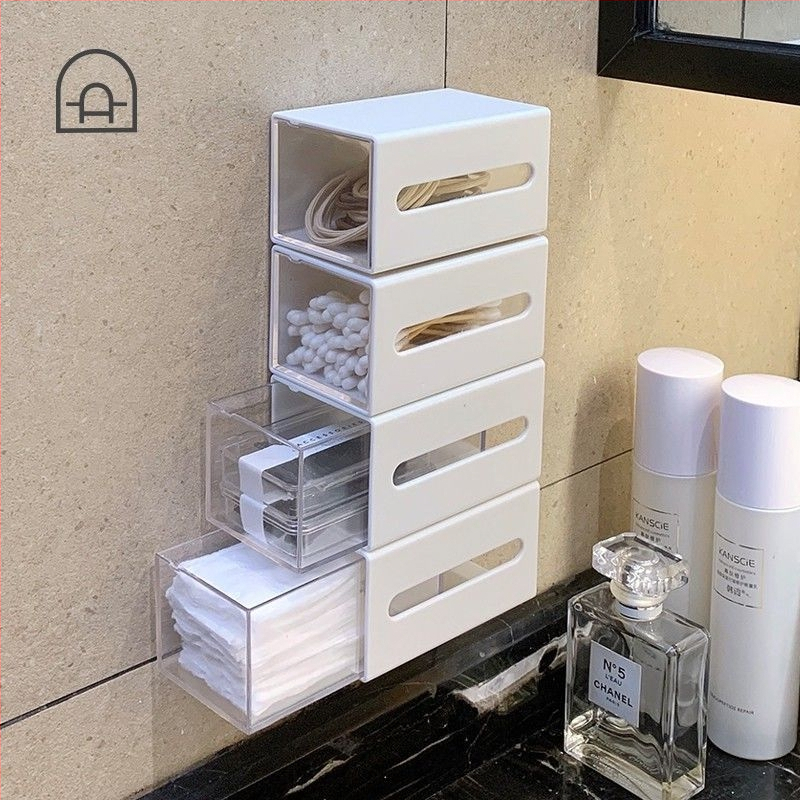 Стенен шкаф за съхранение на козметика, кутия за съхранение на козметика, прозрачна кутия за баня с памучен тампон, огледален шкаф с мини чекмедже