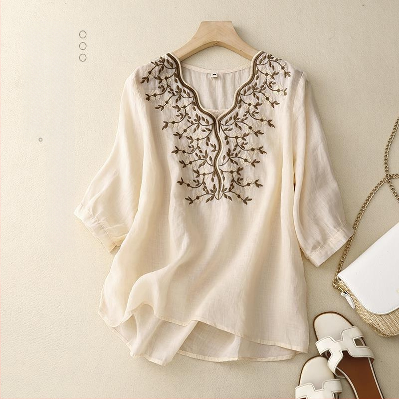 Дамски летен топ от памук и лен с бродерия, свободен дизайн, sense niche, риза от памук и лен, малка риза 2023, ново