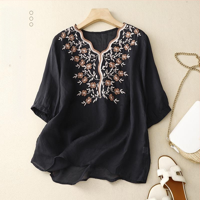 Дамски летен топ от памук и лен с бродерия, свободен дизайн, sense niche, риза от памук и лен, малка риза 2023, ново