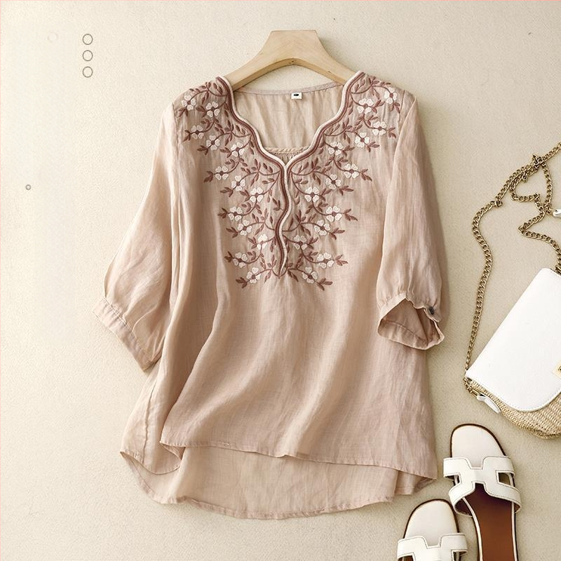 Дамски летен топ от памук и лен с бродерия, свободен дизайн, sense niche, риза от памук и лен, малка риза 2023, ново