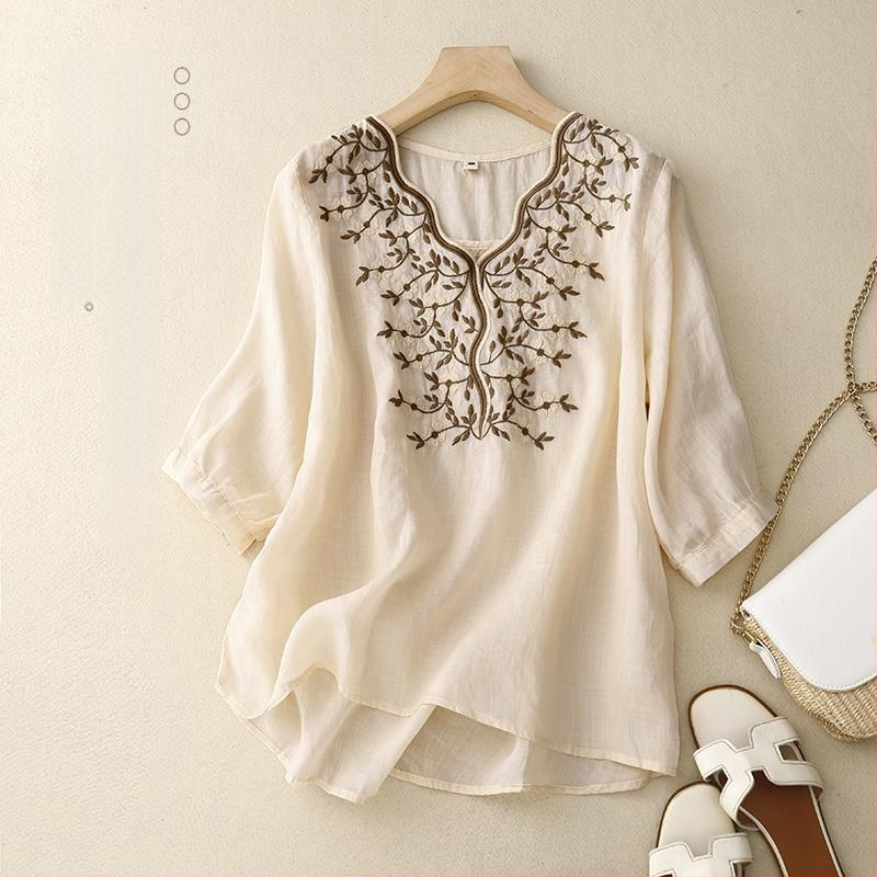 Дамски летен топ от памук и лен с бродерия, свободен дизайн, sense niche, риза от памук и лен, малка риза 2023, ново