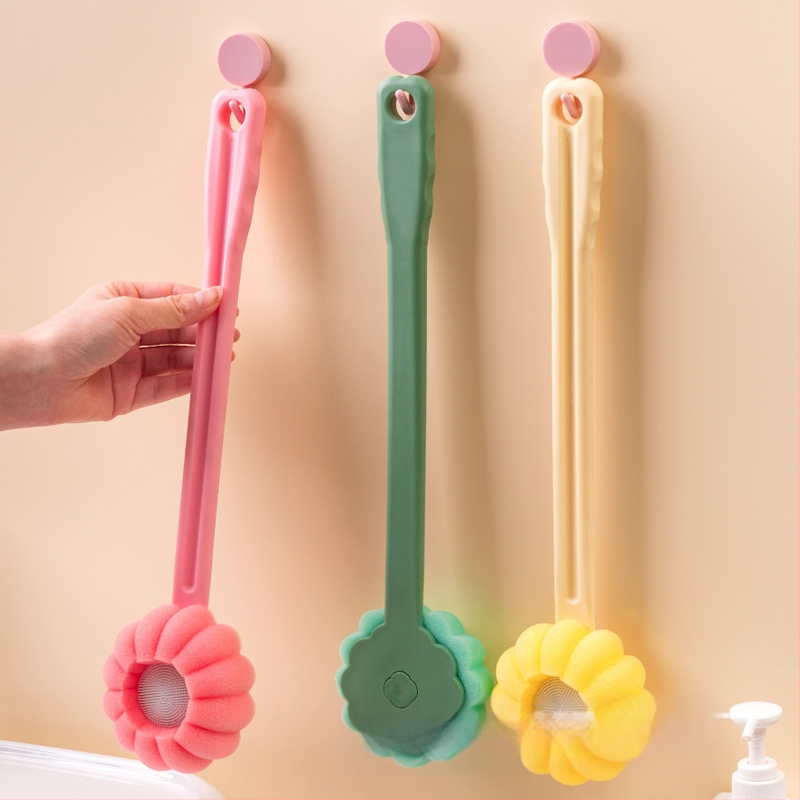 Четка за вана и вана с дълга дръжка, масаж на гърба без нужда от помощ, гъбена четка за вана, масажна четка за гръб, ексфолиращ артефакт