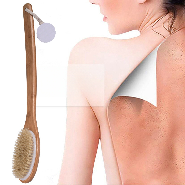 Суха четка за вана за тяло и гръб, четка за вана с дълга дървена дръжка, подобрява лимфната и кръвообращението, суха четка