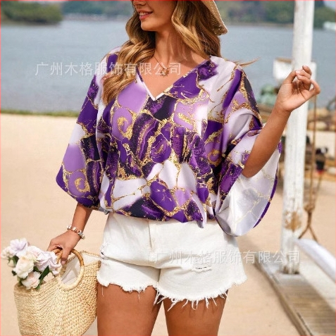 2025 Amazon Independent Station Cross-Border Нова дамска празнична ежедневна мраморна щампа с ръкав прилеп, широка