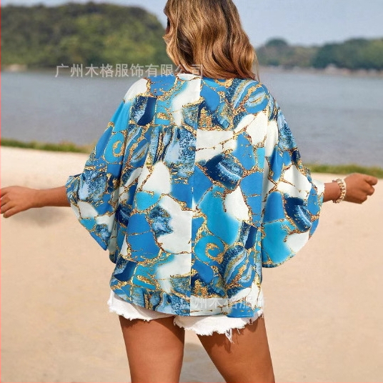 2025 Amazon Independent Station Cross-Border Нова дамска празнична ежедневна мраморна щампа с ръкав прилеп, широка