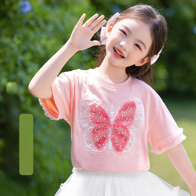 [Мъниста и пайети с пеперуда] Тениска с къс ръкав за момичета, лятна, средна и голяма, детско облекло, детски мрежести топове в западен стил