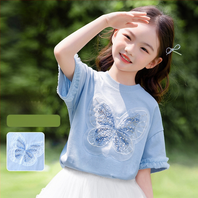 [Мъниста и пайети с пеперуда] Тениска с къс ръкав за момичета, лятна, средна и голяма, детско облекло, детски мрежести топове в западен стил