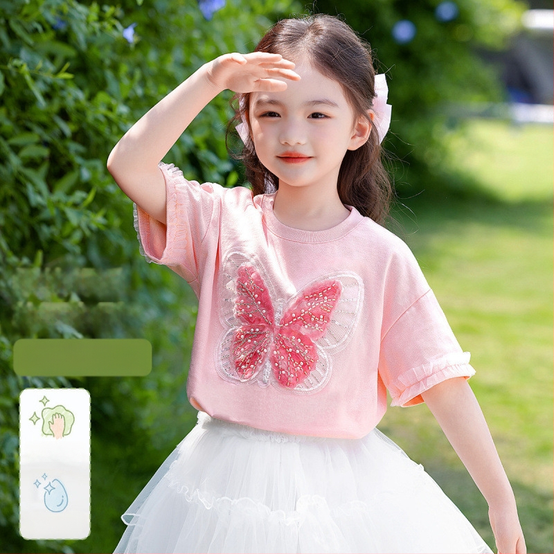 [Мъниста и пайети с пеперуда] Тениска с къс ръкав за момичета, лятна, средна и голяма, детско облекло, детски мрежести топове в западен стил