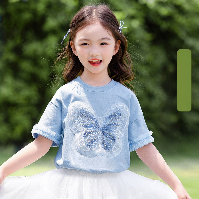 [Мъниста и пайети с пеперуда] Тениска с къс ръкав за момичета, лятна, средна и голяма, детско облекло, детски мрежести топове в западен стил