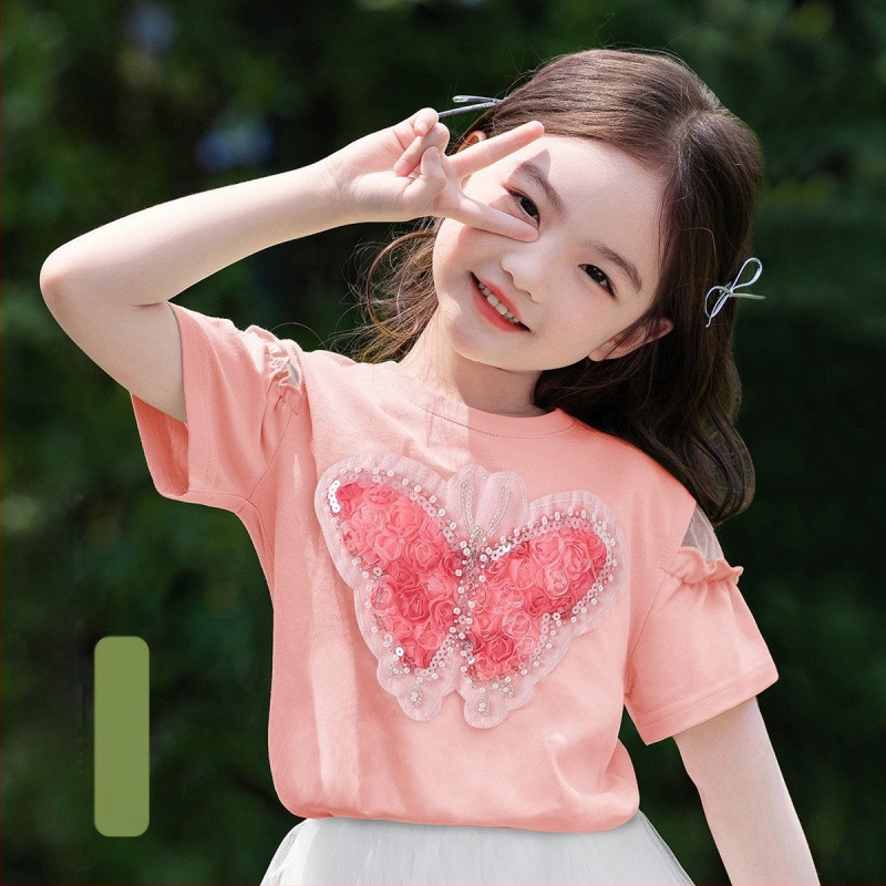 [Мъниста и пайети с пеперуда] Тениска с къс ръкав за момичета, лятна, средна и голяма, детско облекло, детски мрежести топове в западен стил