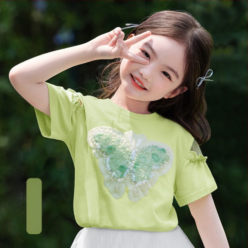 [Мъниста и пайети с пеперуда] Тениска с къс ръкав за момичета, лятна, средна и голяма, детско облекло, детски мрежести топове в западен стил