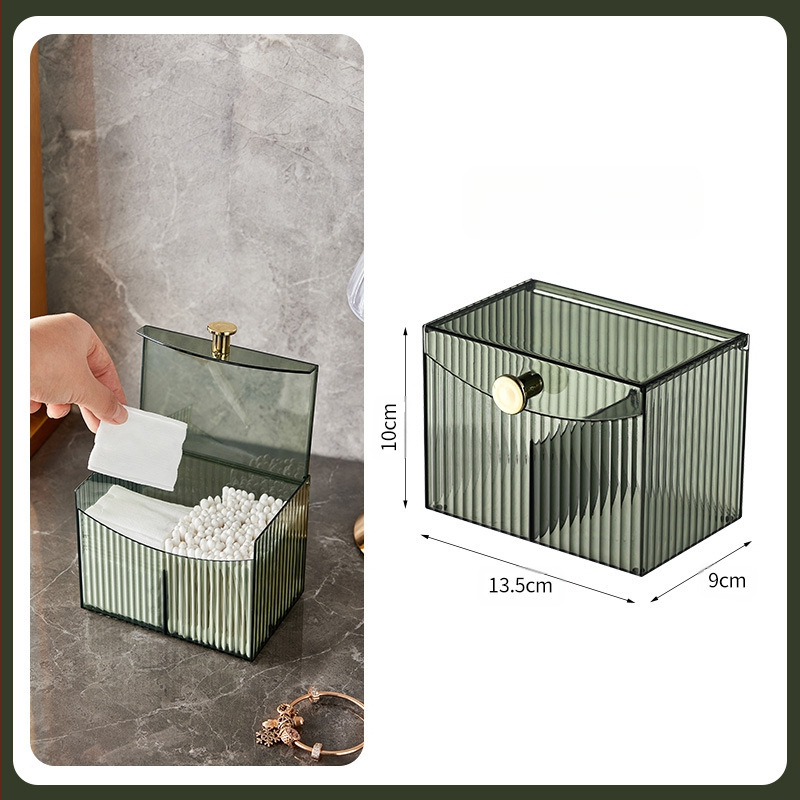 Kosmetikos laikymo dėžutė, vatos tamponėlis, kosmetinė vata, makiažo kiaušinis, kosmetinis šepetėlis, stalviršio laikymo vieta su dangčio skyriumi, permatoma apdailos dėžutė