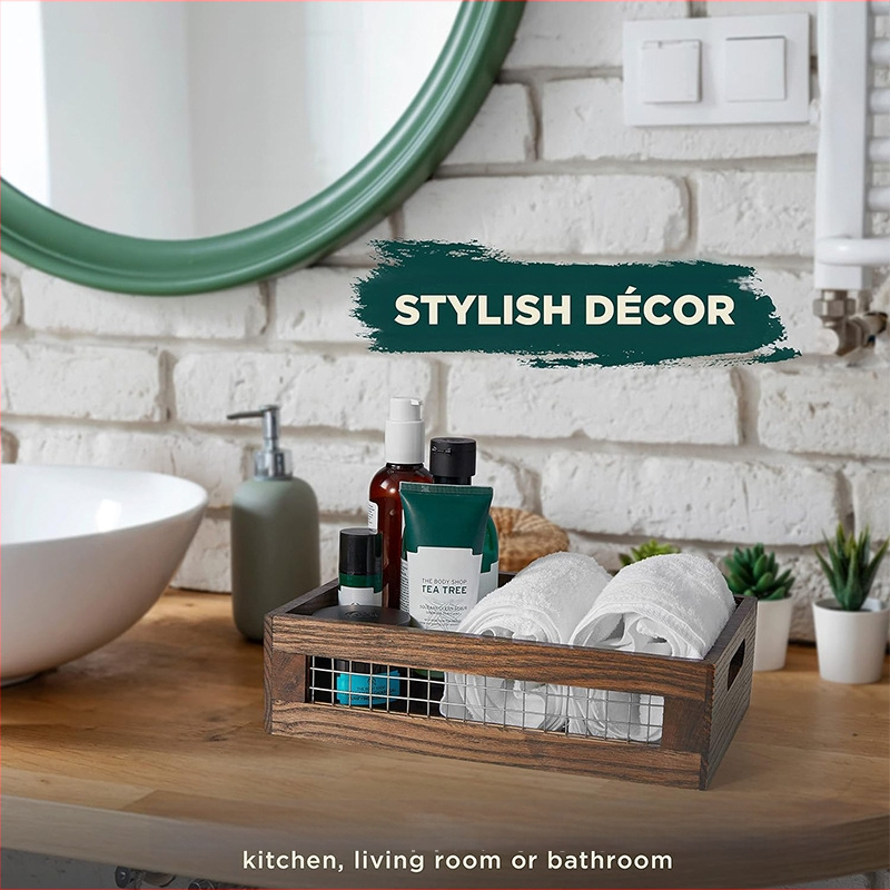 Кошница за съхранение в хол, желязна мрежеста куха дървена кутия за съхранение, кутия за шиене в домакинството, кутия за подправки и зеленчуци в кухнята