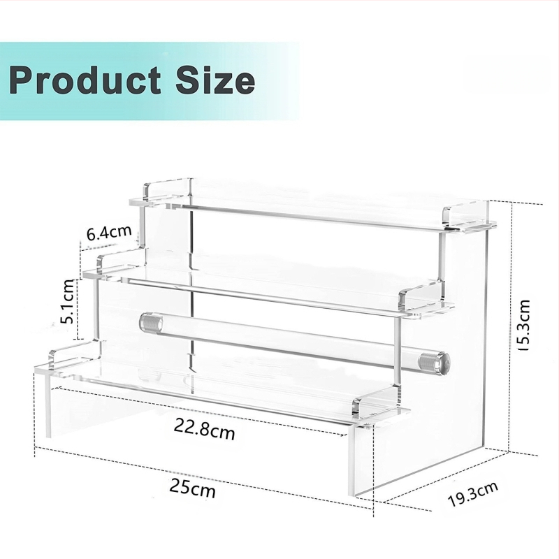 Caurspīdīgs akrila trīsslāņu kāpņu displeja statīvs, aklo kastīšu roku darbs, kēksiņu uzglabāšanas plaukts