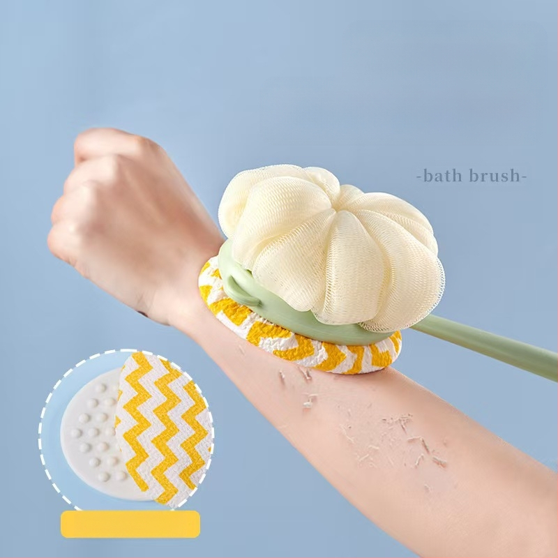 Скраб за баня с дълга дръжка, мощен ексфолиращ скраб за гръб, кърпа за баня за самостоятелно ползване за мъже и жени, двустранна четка за гръб