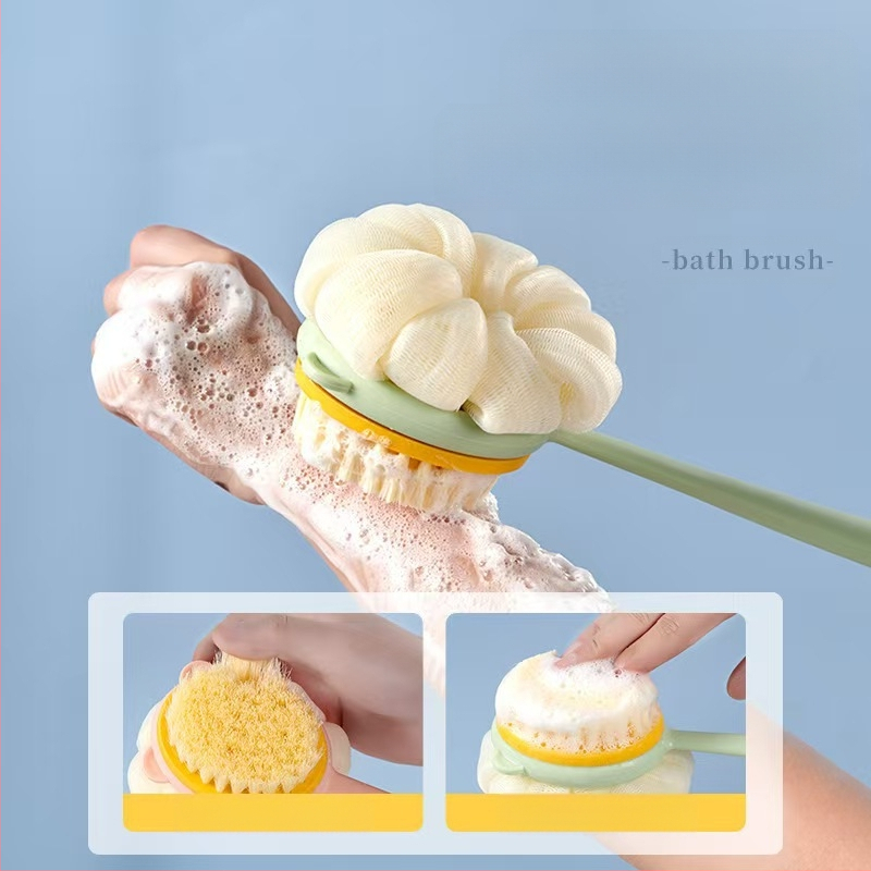 Скраб за баня с дълга дръжка, мощен ексфолиращ скраб за гръб, кърпа за баня за самостоятелно ползване за мъже и жени, двустранна четка за гръб