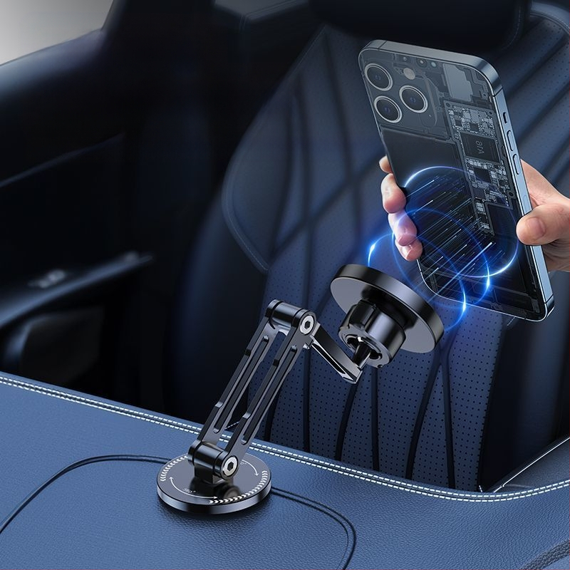 F6T magnetinis siurbimo laikiklis automobiliui, mobiliojo telefono navigacijos prietaisų skydelis, 360° besisukantis metalinis centrinės konsolės belaidis automobilio įkrovimo stovas