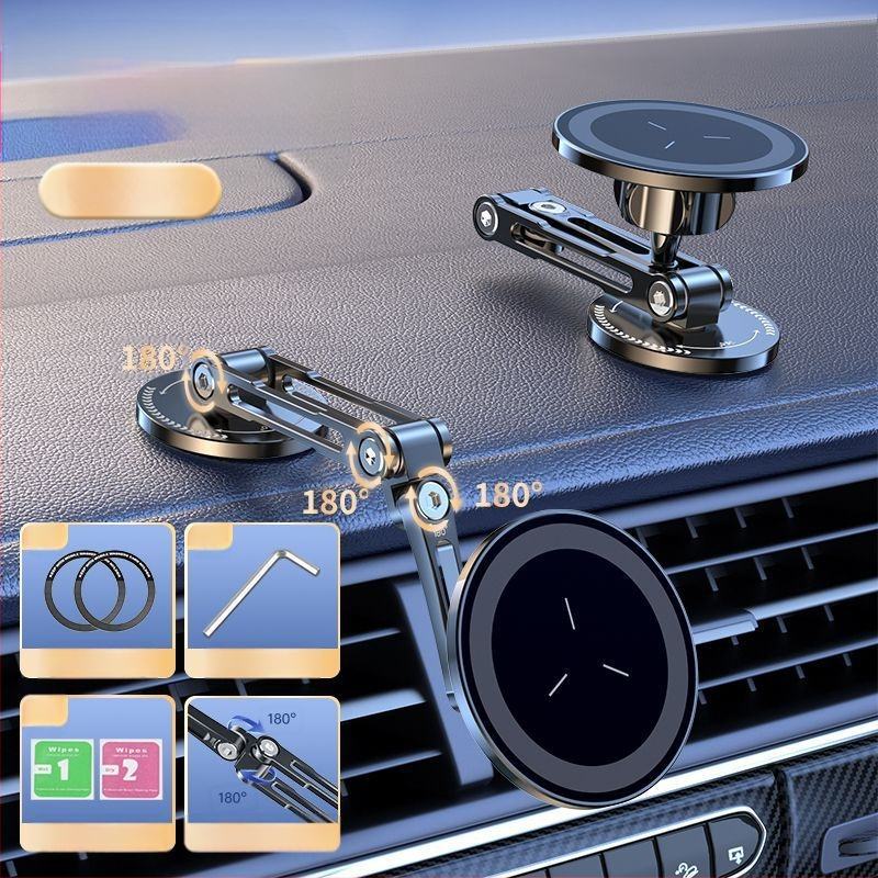 F6T magnetinis siurbimo laikiklis automobiliui, mobiliojo telefono navigacijos prietaisų skydelis, 360° besisukantis metalinis centrinės konsolės belaidis automobilio įkrovimo stovas