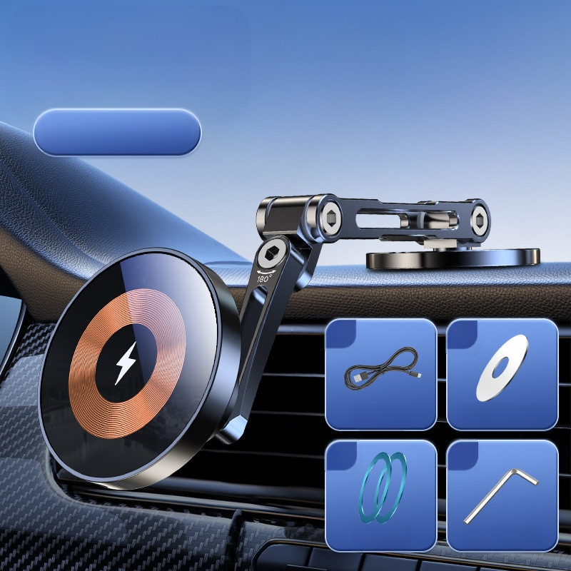 F6T magnetinis siurbimo laikiklis automobiliui, mobiliojo telefono navigacijos prietaisų skydelis, 360° besisukantis metalinis centrinės konsolės belaidis automobilio įkrovimo stovas