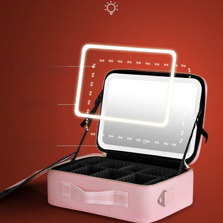 Tarpvalstybinis kosmetinis veidrodis, kosmetinis krepšys su „Advanced Sense“ LED kosmetiniu dėklu, nešiojamas pertvaros sluoksnis, trimatis, su šviesa