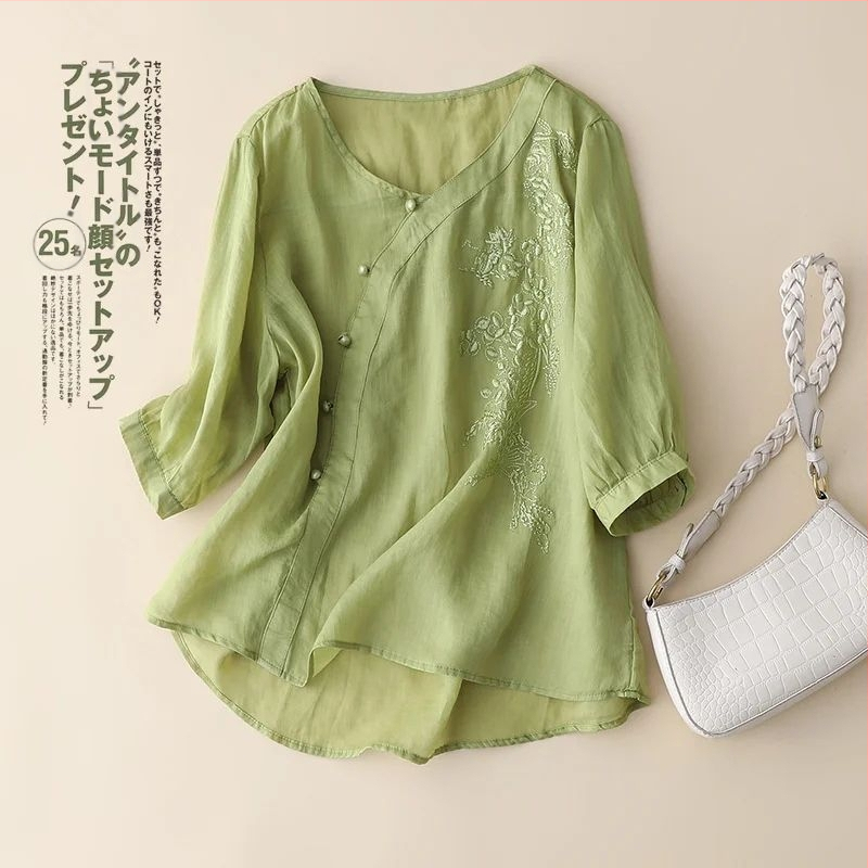 Лилава риза с къс ръкав от памук и лен, за жени, стройна на вид, пълничка, покриваща коремче, широка, големи размери, памучно-ленена риза с катарама за майки, лято