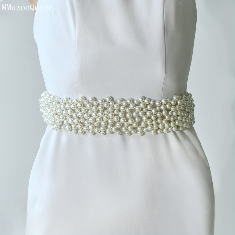 Manzhen moteriška perlų diržo madinga suknelė su dekoratyviniu nėrinių diržu, madinga suknelė su perlų juosmens grandinėle M122