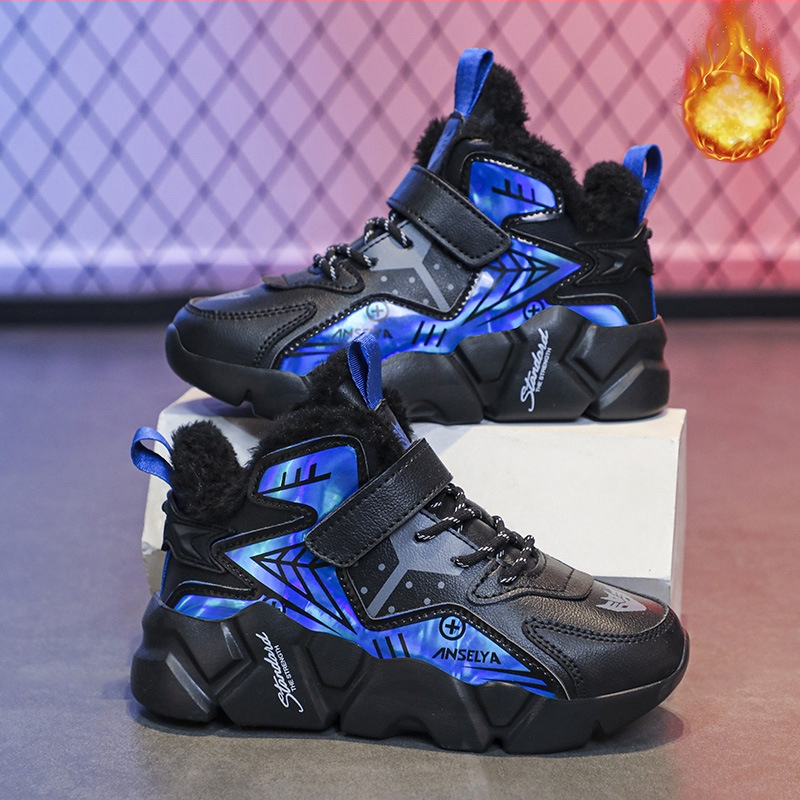 Chlapčenské topánky Zimné nové detské ľahké bežecké tenisky na suchý zips, detské teplé bavlnené topánky s flísovou podšívkou