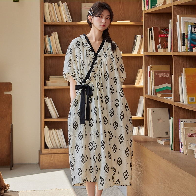 Vasaros naujo stiliaus pižama moteriška debesuota medvilninė kimono su fiksuotu krūtinės pagalvėlės lanku naktinukai laisvi laisvalaikio namų drabužiai