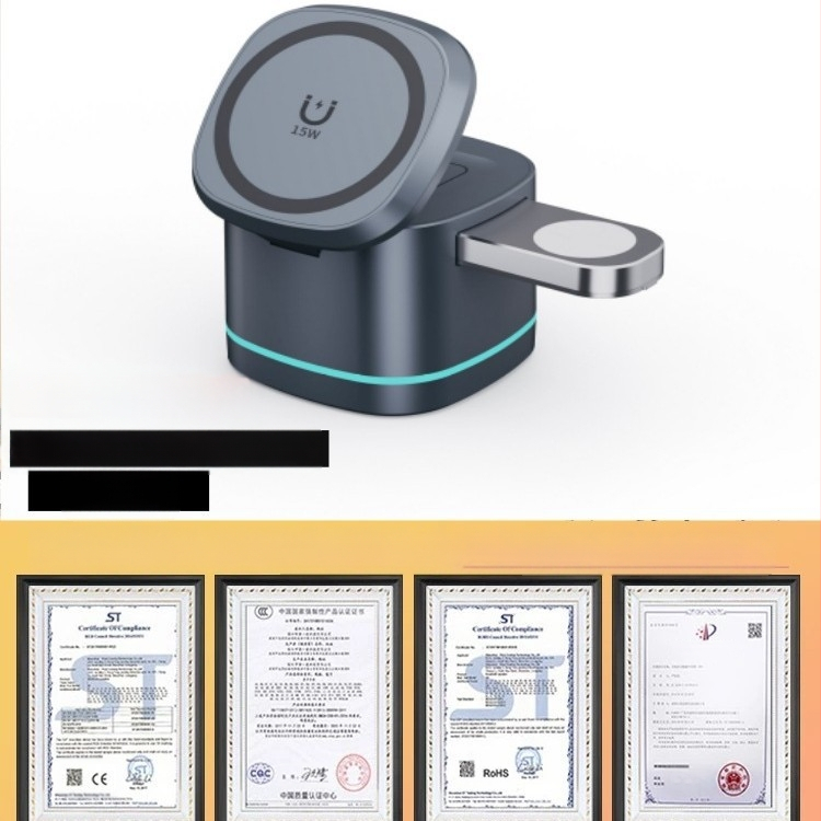 2024. aasta uus kolm-ühes magnetiline juhtmevaba laadija 15W kiirlaadimine mobiiltelefoni peakomplekti ja kella juhtmevaba laadimiseks