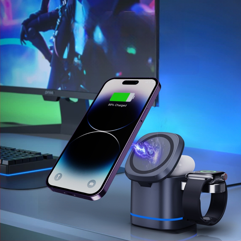 2024. aasta uus kolm-ühes magnetiline juhtmevaba laadija 15W kiirlaadimine mobiiltelefoni peakomplekti ja kella juhtmevaba laadimiseks