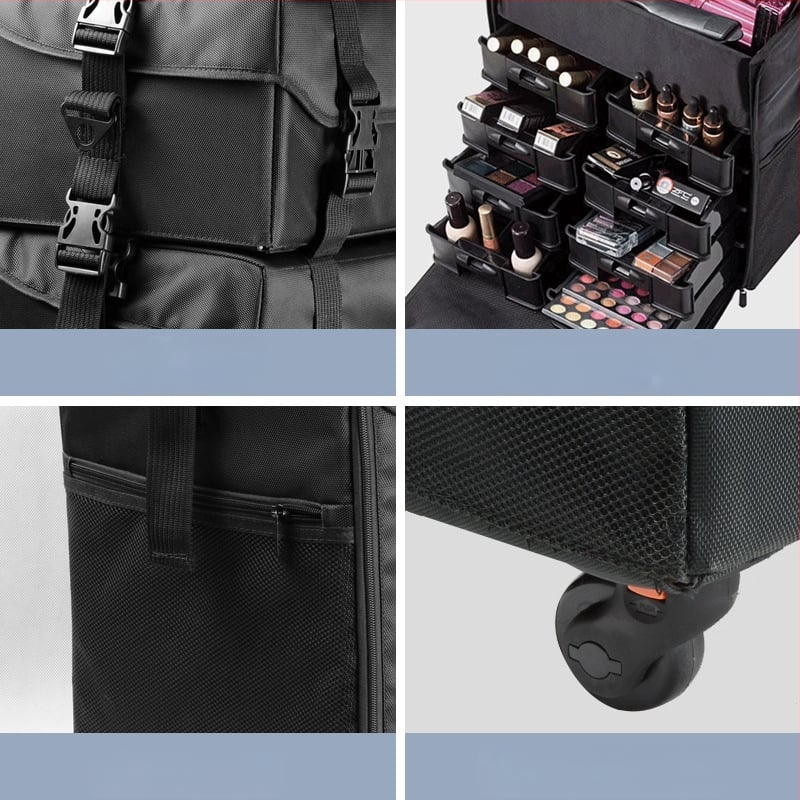 Kahekihiline Oxfordi riidest meigikarp ja meigikunstniku käru meigikarp suure mahutavusega käruga tätoveeringute ja tikandite ilu- ja juuksuritarvete hoiukarbiga