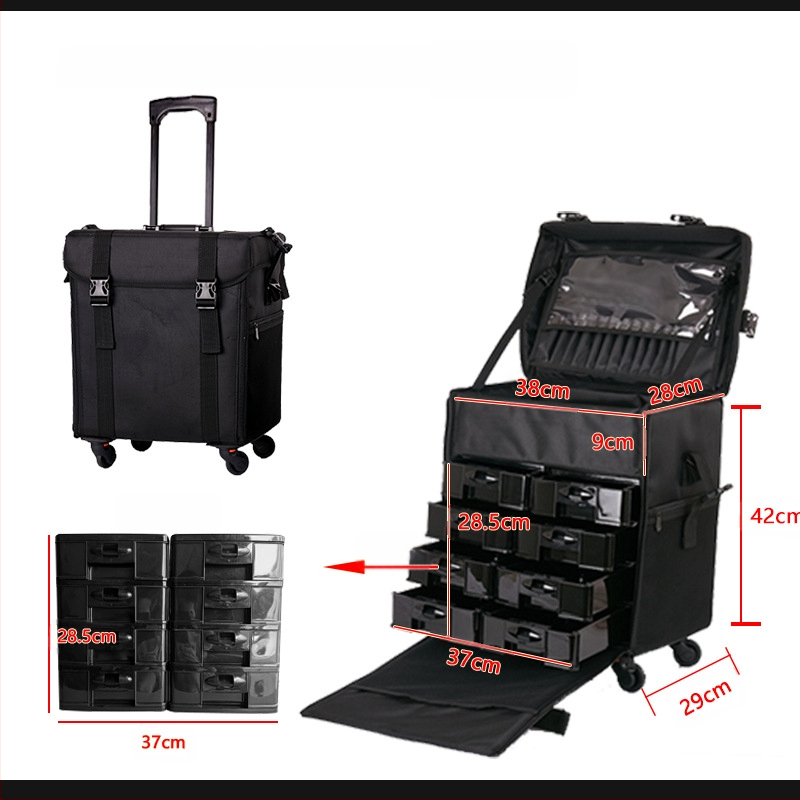 Kahekihiline Oxfordi riidest meigikarp ja meigikunstniku käru meigikarp suure mahutavusega käruga tätoveeringute ja tikandite ilu- ja juuksuritarvete hoiukarbiga