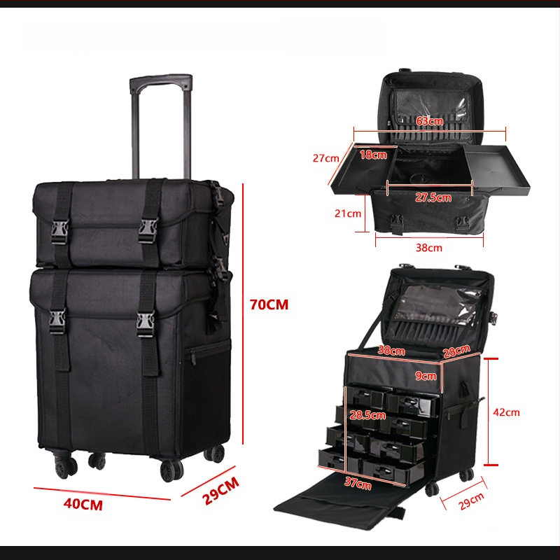 Kahekihiline Oxfordi riidest meigikarp ja meigikunstniku käru meigikarp suure mahutavusega käruga tätoveeringute ja tikandite ilu- ja juuksuritarvete hoiukarbiga