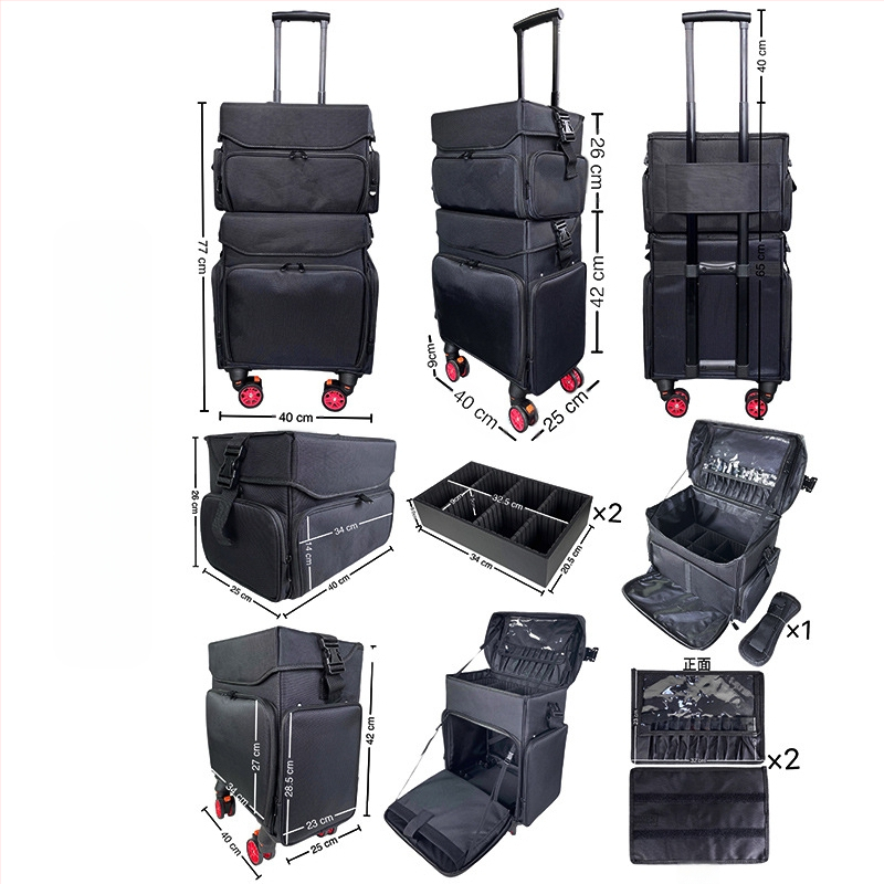 Kahekihiline Oxfordi riidest meigikarp ja meigikunstniku käru meigikarp suure mahutavusega käruga tätoveeringute ja tikandite ilu- ja juuksuritarvete hoiukarbiga