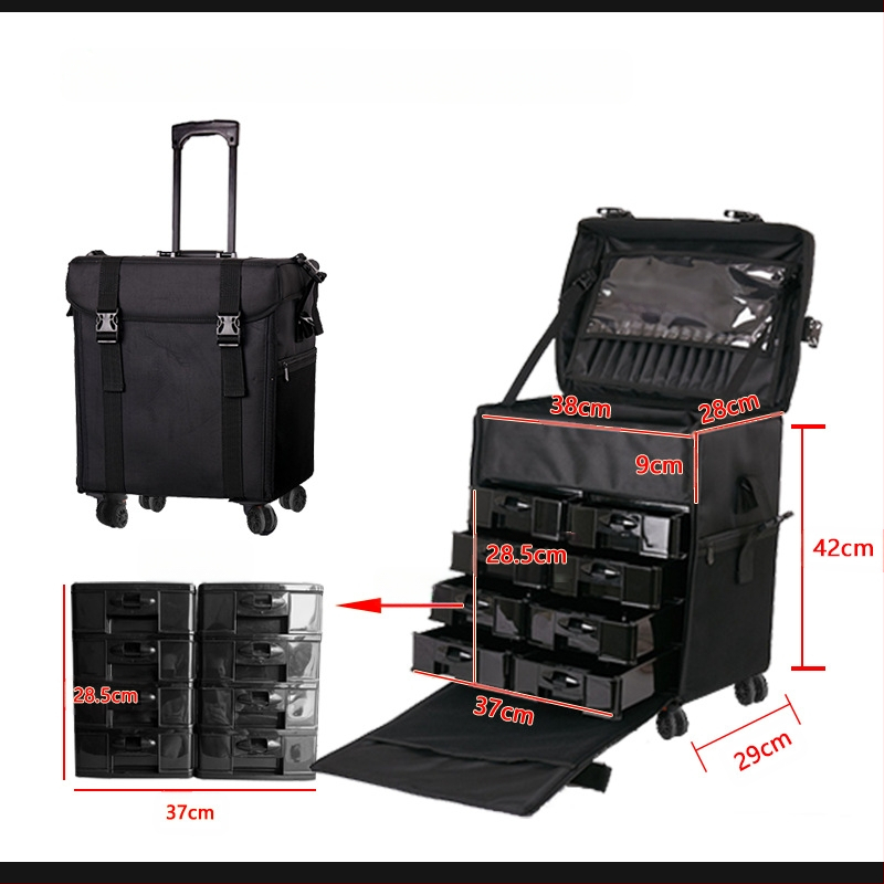 Kahekihiline Oxfordi riidest meigikarp ja meigikunstniku käru meigikarp suure mahutavusega käruga tätoveeringute ja tikandite ilu- ja juuksuritarvete hoiukarbiga