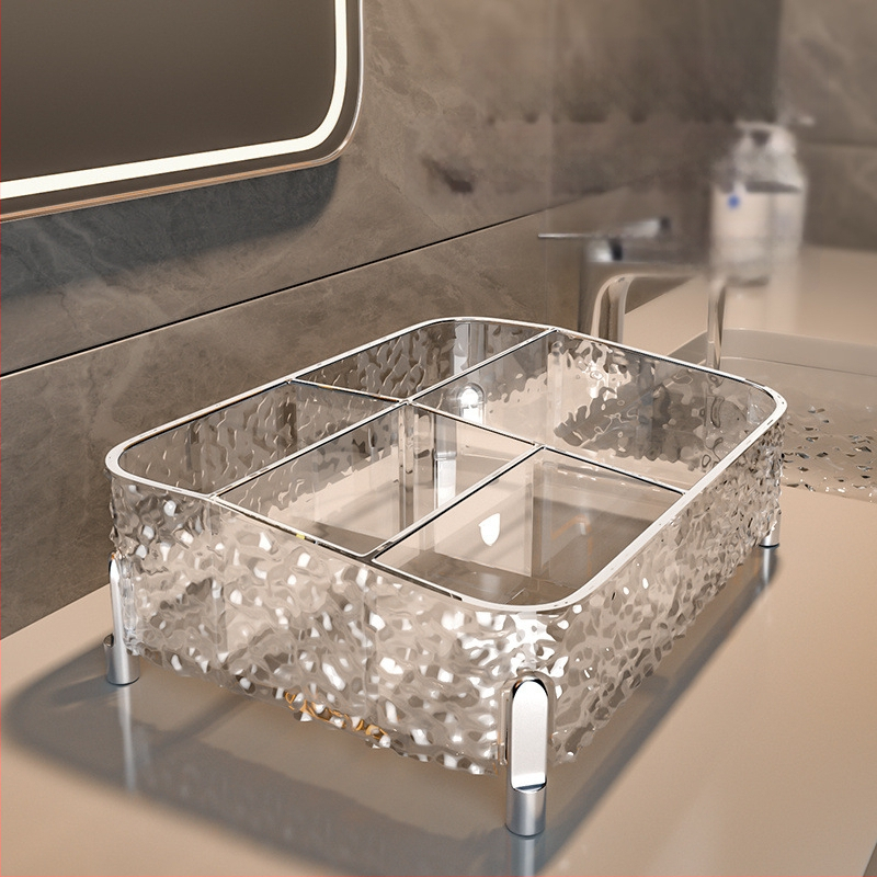 Läbipaistev akrüülist vannitoa ühiselamu lauaarvuti meigikarbi hoiukast, tolmukindel tualettlaud, nahahooldustoodete hoiuriiul